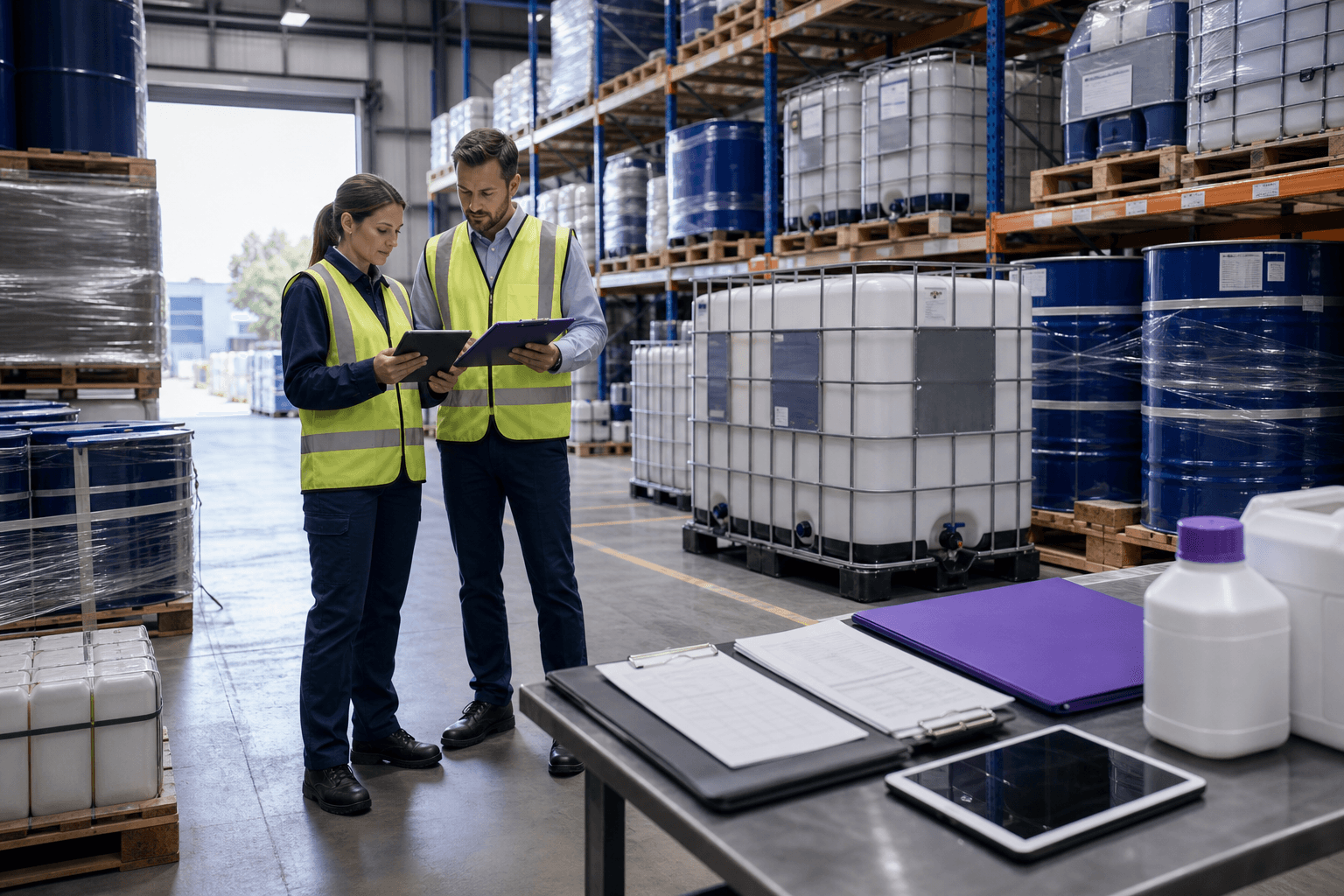 Chemical warehouse inspection with labelled containers and compliance documentation.